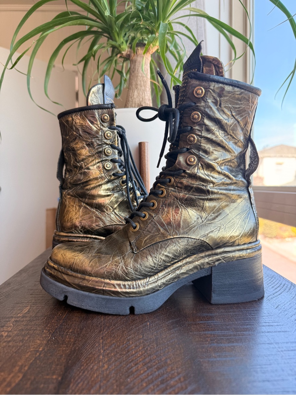 AS98 Emper Metallic Antique Gold Lace-Up Combat Moto Boots 37